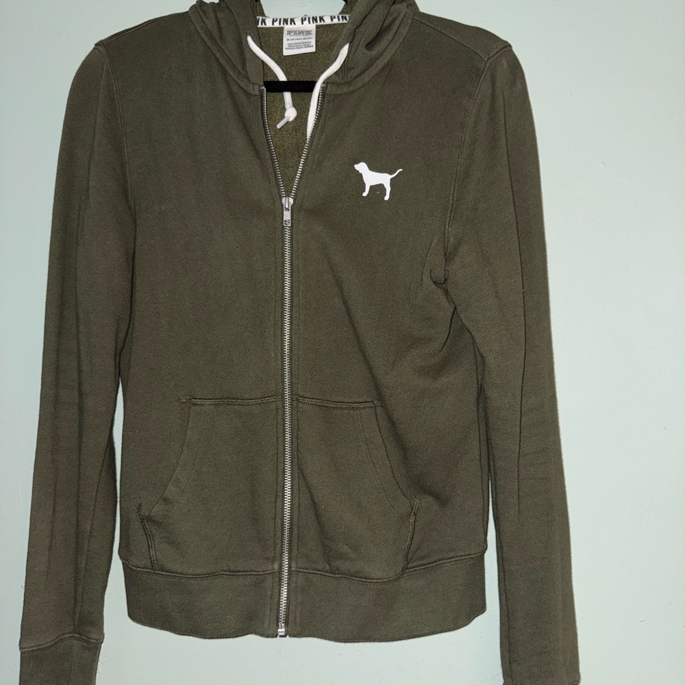 Victoria's Secret PINK Full Zip Hoodie Olive Dog Logo Women’s XS